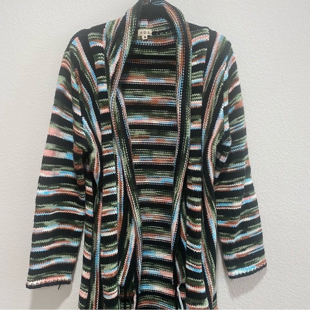 POL Striped Fringe Knit Cardigan in Brown, Green, Cream - Picture 3 of 13